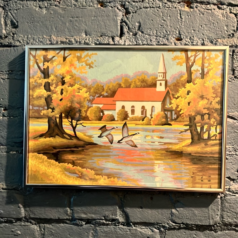 Framed vintage 70s Paint by Numbers Autumn Landscape Painting - Picture 12 of 12